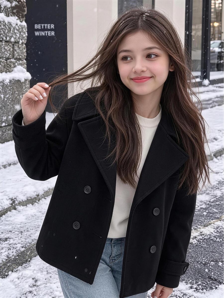 SHEIN Teen Girl Black Oversized Collar Short Thick Overcoat (Frenchy Style), Versatile All-Match Piece, Suitable For Casual Streetwear And Various Occasions, Perfect For Back To School Season, Autumn/Winter Essential Outfit, Halloween - Black - View 1