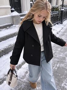 SHEIN Teen Girl Black Oversized Collar Short Thick Overcoat (Frenchy Style), Versatile All-Match Piece, Suitable For Casual Streetwear And Various Occasions, Perfect For Back To School Season, Autumn/Winter Essential Outfit, Halloween - Black - View 3