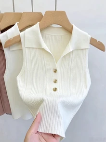 Modelyn Solid Button Front Sweater Vest - White - View 4