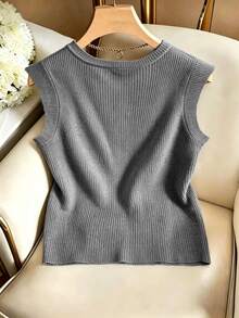 Seusyu Beaded Detail Knot Side Sweater Vest Office Brunch Gray Fall French Elegant - Grey - View 2