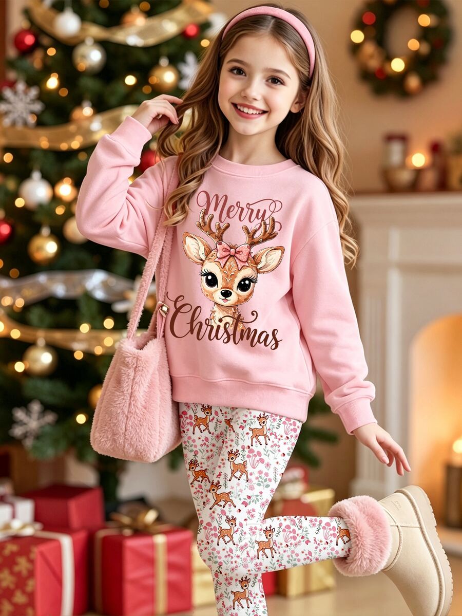 Christmas Girl's Bow Reindeer Print Round Neck Hoodie And Floral Leggings Set, Pretending For Autumn And Winter - Multicolor - View 1