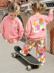 Set Pakaian Musim Gugur untuk Bayi Perempuan, Segar, Kawaii, Warna-warni, Motif Patchwork Kupu-kupu & Bunga, Kaos Lengan Panjang Leher Bulat & Celana Panjang Lebar - MultiWarna - View 1