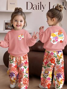 Set Pakaian Musim Gugur untuk Bayi Perempuan, Segar, Kawaii, Warna-warni, Motif Patchwork Kupu-kupu & Bunga, Kaos Lengan Panjang Leher Bulat & Celana Panjang Lebar - MultiWarna - View 4