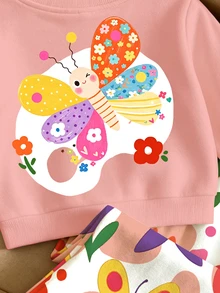 Set Pakaian Musim Gugur untuk Bayi Perempuan, Segar, Kawaii, Warna-warni, Motif Patchwork Kupu-kupu & Bunga, Kaos Lengan Panjang Leher Bulat & Celana Panjang Lebar - MultiWarna - View 7