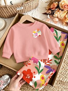Set Pakaian Musim Gugur untuk Bayi Perempuan, Segar, Kawaii, Warna-warni, Motif Patchwork Kupu-kupu & Bunga, Kaos Lengan Panjang Leher Bulat & Celana Panjang Lebar - MultiWarna - View 2