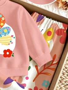 Set Pakaian Musim Gugur untuk Bayi Perempuan, Segar, Kawaii, Warna-warni, Motif Patchwork Kupu-kupu & Bunga, Kaos Lengan Panjang Leher Bulat & Celana Panjang Lebar - MultiWarna - View 5