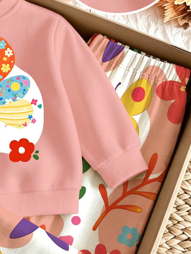 Fall Outfits Baby Girl Fresh Kawaii Colorful Patchwork Butterfly & Flower Print Crew Neck Sweatshirt & Wide Leg Pants Set - Multicolor - View 5