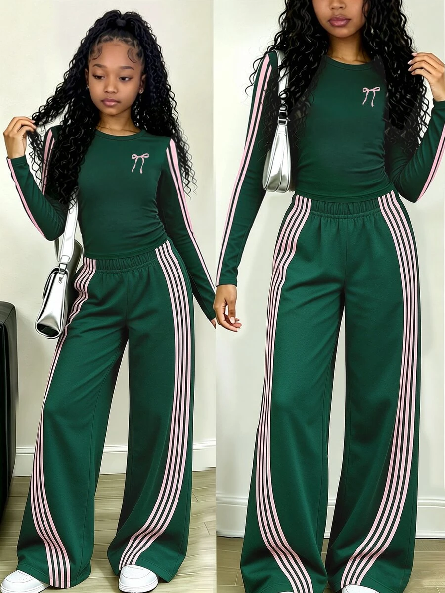Tween Girls Casual Fashion Black Bowknot Pink Leopard Print Pattern Waist Ruched Long Sleeve T-Shirt And Wide Leg Pants Set Fall Outfits - Multicolor - View 1