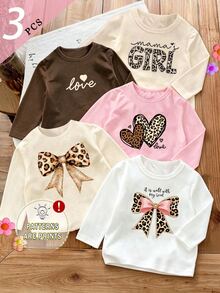Young Girl Heart Leopard Bow Letter Print Long Sleeve Tees, Cozy Casual Tops, Fall Winter (3 Pcs) - Multicolor - View 1