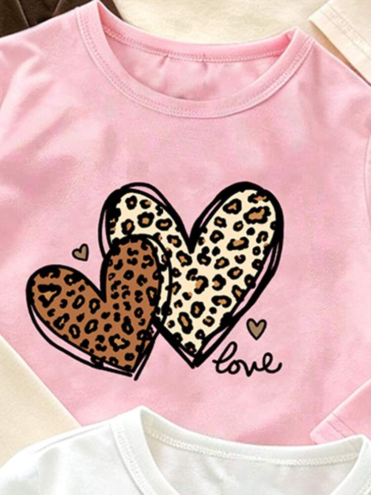 Young Girl Heart Leopard Bow Letter Print Long Sleeve Tees, Cozy Casual Tops, Fall Winter (3 Pcs) - Multicolor - View 4
