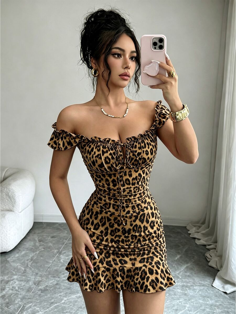 Zolique Women's Leopard Print Front Tie Fashion Pleated Ruffle Dress Party Club Beige Summer Sexy