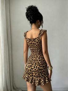Zolique Women's Leopard Print Front Tie Fashion Pleated Ruffle Dress Party Club Beige Summer Sexy - Brown - View 4