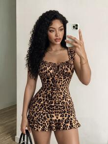 Zolique Women's Leopard Print Front Tie Fashion Pleated Ruffle Dress Party Club Beige Summer Sexy - Brown - View 5
