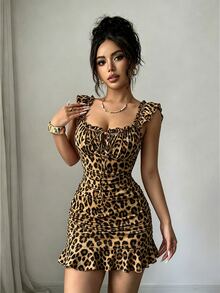 Zolique Women's Leopard Print Front Tie Fashion Pleated Ruffle Dress Party Club Beige Summer Sexy - Brown - View 8