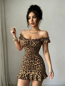 Zolique Women's Leopard Print Front Tie Fashion Pleated Ruffle Dress Party Club Beige Summer Sexy - Brown - View 6