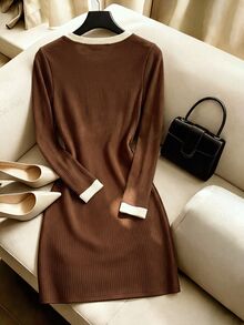 Franclia Women's Autumn/Winter New Hot-Selling Color Block Patchwork Slim Fit Versatile Dress - Multicolor - View 2