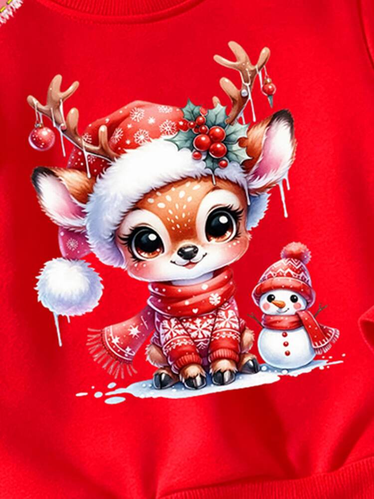 Toddler Girls Christmas Deer Snowman Cartoon Sweatshirt & Leggings Set, Red White Cozy Holiday Outfit, 2 Pcs - Multicolor - View 7