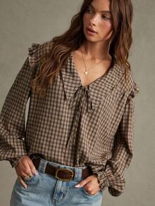 WESTFADE Plaid Tie Front Long Sleeve Top, Fall, Autumn Clothes, Winter Outfit, Cowgirl, Western, Country Concert, Boho, Cute, Festival, Thanksgiving - Brown - View 2