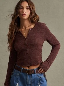 WESTFADE Brown Knit Lace Up Long Sleeve Top, Fall, Autumn Clothes, Winter Outfit, Cowgirl, Western, Country Concert, Boho, Cute, Festival, Thanksgiving - Brown - View 4