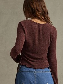WESTFADE Brown Knit Lace Up Long Sleeve Top, Fall, Autumn Clothes, Winter Outfit, Cowgirl, Western, Country Concert, Boho, Cute, Festival, Thanksgiving - Brown - View 3