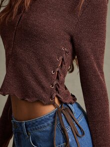 WESTFADE Brown Knit Lace Up Long Sleeve Top, Fall, Autumn Clothes, Winter Outfit, Cowgirl, Western, Country Concert, Boho, Cute, Festival, Thanksgiving - Brown - View 2