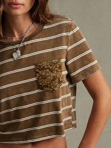 WESTFADE Lace Pocket Brown & White Striped Short Sleeve T Shirt, Fall, Autumn Clothes, Winter Outfit, Cowgirl, Western, Country Concert, Boho, Casual, Cute - Brown - View 2