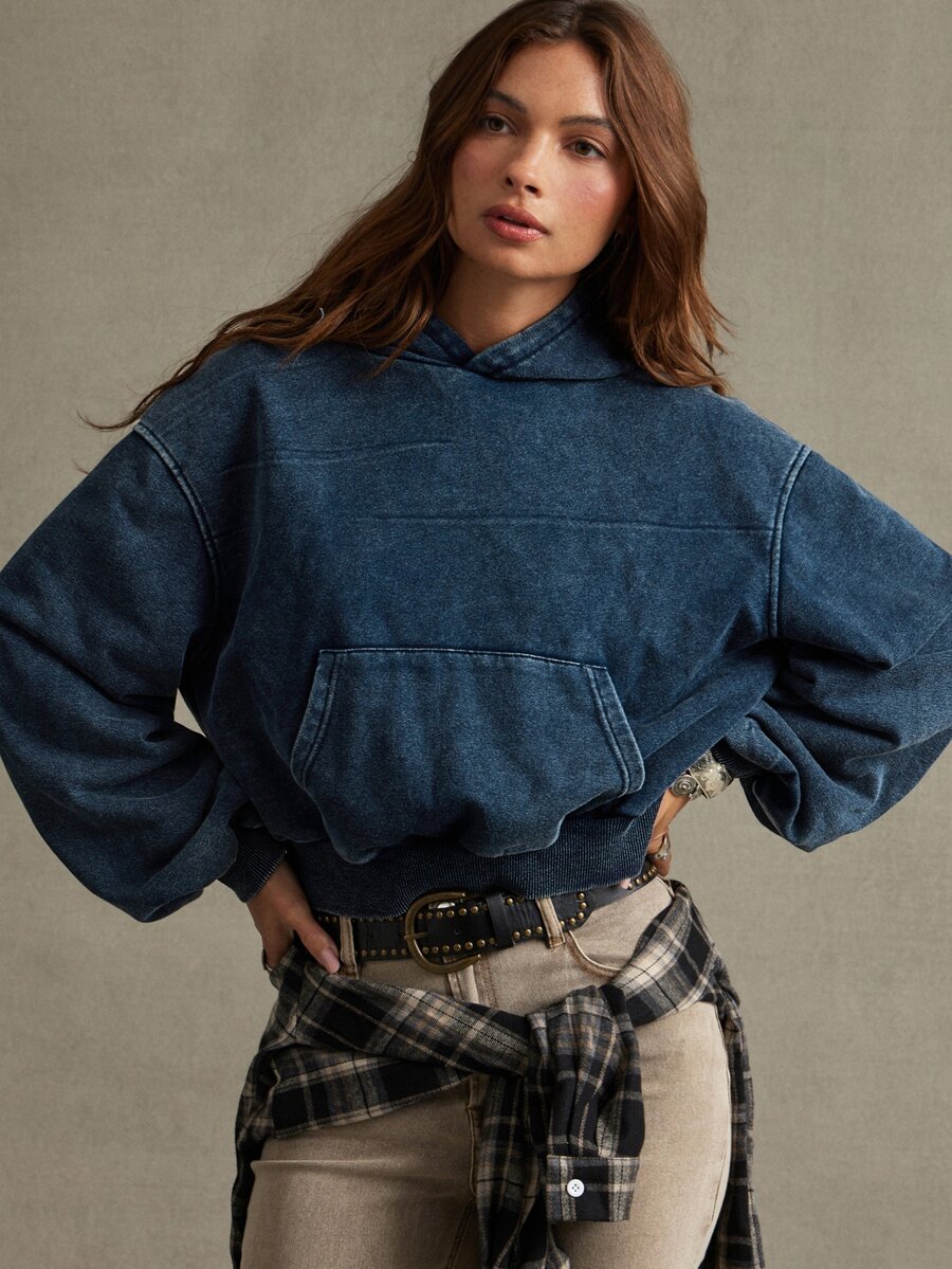 WESTFADE Washed French Terry Blue Long Sleeve Sweatshirt Sweatshirt, Fall, Autumn Clothes, Winter Outfit, Cowgirl, Western, Country, Casual, Lounge, Boho, Cute - Blue - View 1