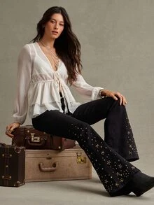 WESTFADE Black Studded Flared Jeans, Fall, Autumn Clothes, Winter Outfit, Cowgirl, Western, Country Concert, Boho, Cute, Festival, Thanksgiving - Black - View 1