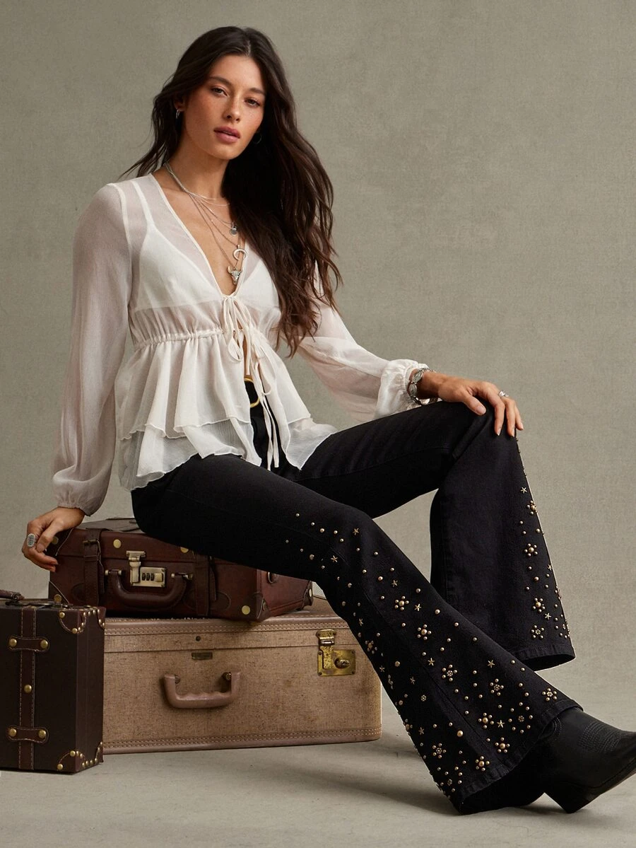 WESTFADE Black Studded Flared Jeans, Fall, Autumn Clothes, Winter Outfit, Cowgirl, Western, Country Concert, Boho, Cute, Festival, Thanksgiving - Black - View 1