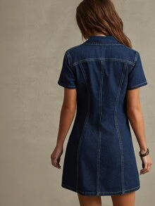 WESTFADE Short Sleeve Henley Denim Mini Dress, Fall, Autumn Clothes, Winter Outfit, Cowgirl, Western, Country Concert, Boho, Cute, Festival, Thanksgiving - Dark Wash - View 3