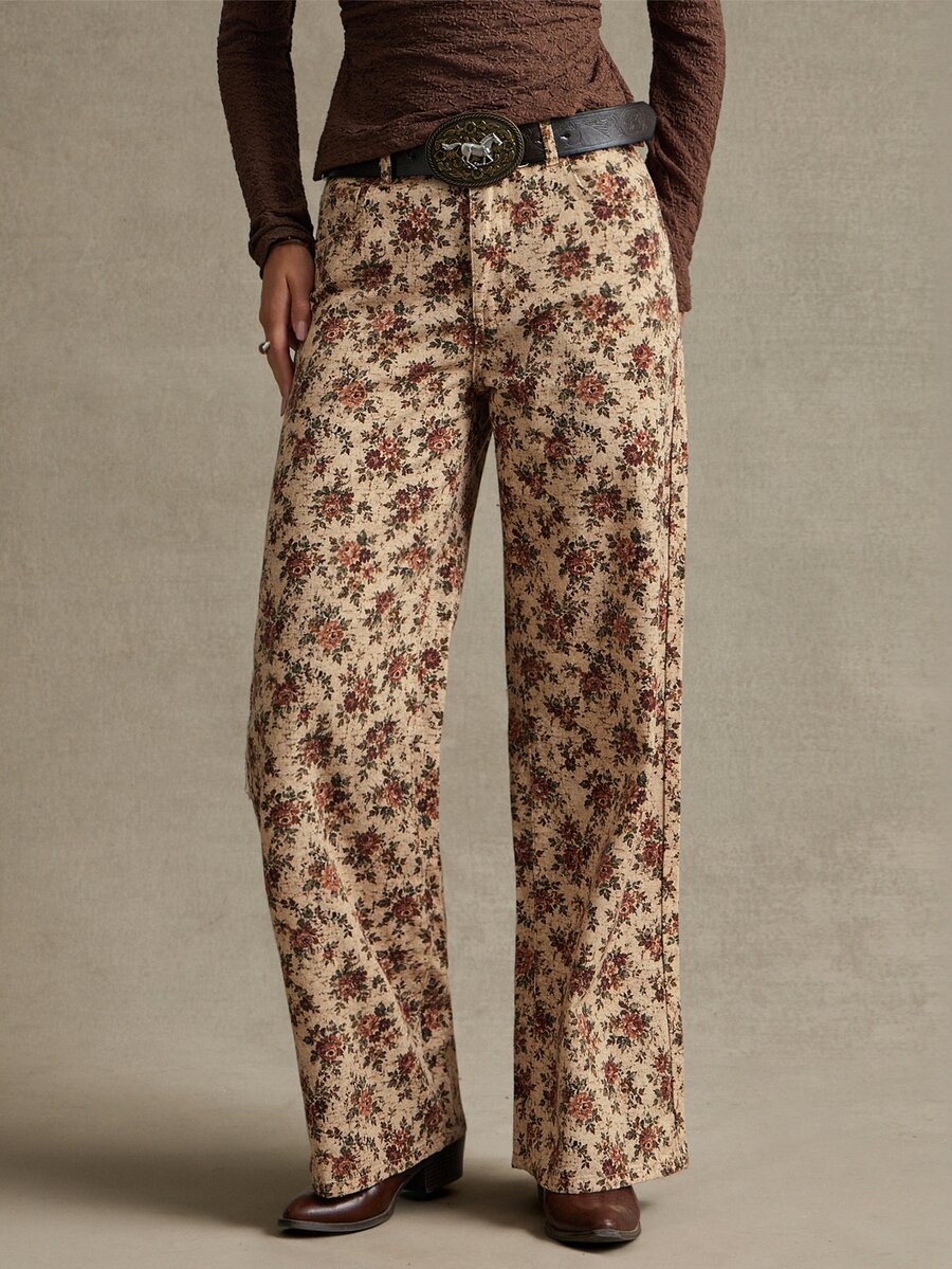 WESTFADE Low Rise Brown Floral Print Wide Leg Jeans, Fall, Autumn Clothes, Winter Outfit, Cowgirl, Western, Country Concert, Boho, Cute, Festival, Thanksgiving - Multicolor - View 1