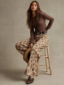 WESTFADE Low Rise Brown Floral Print Wide Leg Jeans, Fall, Autumn Clothes, Winter Outfit, Cowgirl, Western, Country Concert, Boho, Cute, Festival, Thanksgiving - Multicolor - View 5