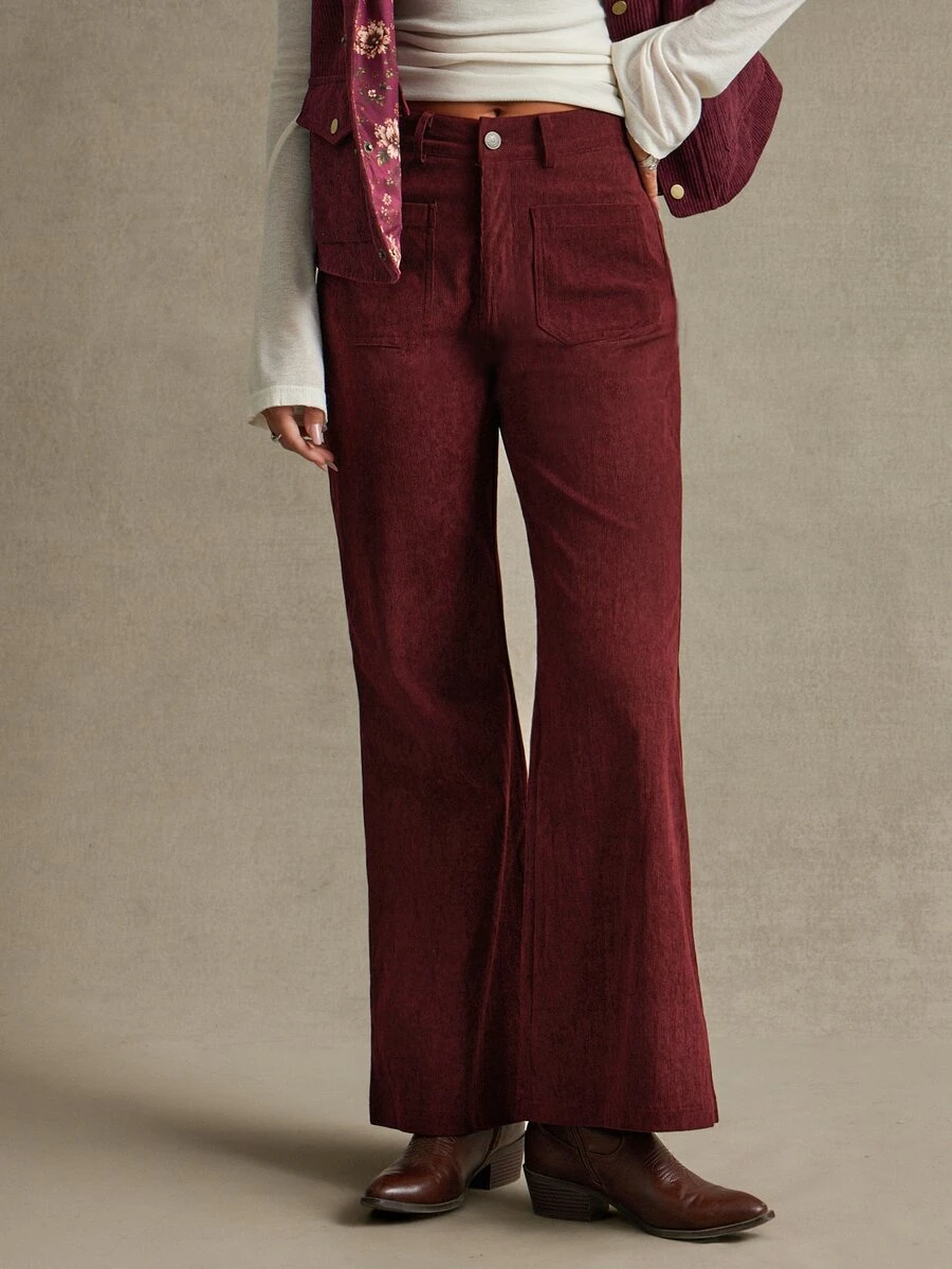WESTFADE Burgundy Corduroy Embroidered Flared Pants, Fall, Autumn Clothes, Winter Outfit, Cowgirl, Western, Country Concert, Boho, Casual, Rodeo, Christmas - Red - View 1