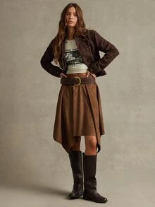 WESTFADE Brown Faux Suede Hanky Hem Skirt, Fall, Autumn Clothes, Winter Outfit, Cowgirl, Western, Country Concert, Boho, Cute, Festival, Thanksgiving - Brown - View 1