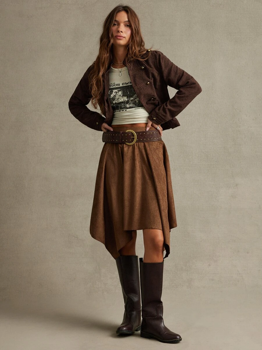 WESTFADE Brown Faux Suede Hanky Hem Skirt, Fall, Autumn Clothes, Winter Outfit, Cowgirl, Western, Country Concert, Boho, Cute, Festival, Thanksgiving - Brown - View 1