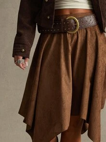 WESTFADE Brown Faux Suede Hanky Hem Skirt, Fall, Autumn Clothes, Winter Outfit, Cowgirl, Western, Country Concert, Boho, Cute, Festival, Thanksgiving - Brown - View 2