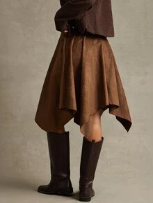 WESTFADE Brown Faux Suede Hanky Hem Skirt, Fall, Autumn Clothes, Winter Outfit, Cowgirl, Western, Country Concert, Boho, Cute, Festival, Thanksgiving - Brown - View 5