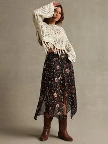 WESTFADE Floral Print Asymmetric Skirt, Fall, Autumn Clothes, Winter Outfit, Cowgirl, Western, Country Concert, Boho, Cute, Festival, Thanksgiving - Multicolor - View 5
