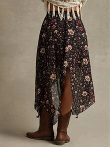 WESTFADE Floral Print Asymmetric Skirt, Fall, Autumn Clothes, Winter Outfit, Cowgirl, Western, Country Concert, Boho, Cute, Festival, Thanksgiving - Multicolor - View 4