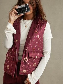 WESTFADE Burgundy Reversible Floral Print & Corduroy Button Up Vest, Fall, Autumn Clothes, Winter Outfit, Cowgirl, Western, Country Concert, Boho, Casual, Cute - Multicolor - View 3