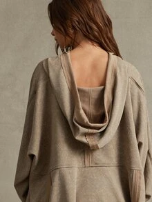 WESTFADE Brown V-Neck Hooded Sweatshirt For Women, Loose Drop Shoulder Raw Hem Cropped Pullover, Fall, Winter, Autumn, Thanksgiving, Cute, Boho, Western - Brown - View 3