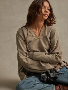 WESTFADE Brown V-Neck Hooded Sweatshirt For Women, Loose Drop Shoulder Raw Hem Cropped Pullover, Fall, Winter, Autumn, Thanksgiving, Cute, Boho, Western - Brown - View 4