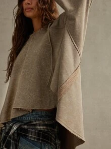 WESTFADE Brown V-Neck Hooded Sweatshirt For Women, Loose Drop Shoulder Raw Hem Cropped Pullover, Fall, Winter, Autumn, Thanksgiving, Cute, Boho, Western - Brown - View 6