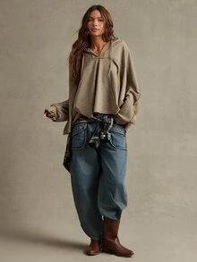 WESTFADE Brown V-Neck Hooded Sweatshirt For Women, Loose Drop Shoulder Raw Hem Cropped Pullover, Fall, Winter, Autumn, Thanksgiving, Cute, Boho, Western - Brown - View 5