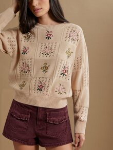 WESTFADE 拼接花卉刺繡套頭針織毛衣，秋季秋冬，鄉村風，牛仔女郎，可愛，西部風，感恩節穿搭，休閒，返校季 - 彩色 - 查看 6