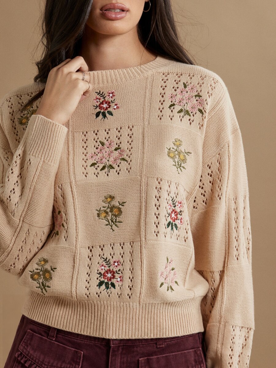 WESTFADE Patchwork Floral Embroidered Pullover Knit Sweater, Fall, Autumn Winter, Country, Cowgirl, Cute, Western, Thanksgiving Outfit, Casual, Back To School - Multicolor - View 1
