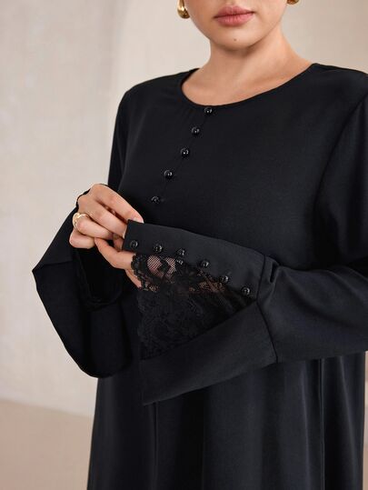 Graceveil Women's Elegant Modest Lace Patchwork Long Sleeve Round Neck Regular Fit Arabian Dress Black Evening Gown Cocktail Dress Winter Formal Ninang Wedding