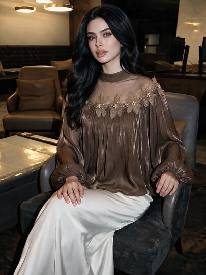 Modelyn ملابس علوية نسائية فضفاضة من الشيفون بلون بني شامباني، بياقة واقفة، شبك شفاف، زهور ثلاثية الأبعاد، خرز لؤلؤي، أكمام طويلة منفوخة، ستايل كوكيت، للخريف وهالوين والسهرات والحفلات