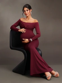 Cheriluna Maternity Maternity Solid Color Off-Shoulder Casual Party & Travel Dress - Burgundy - View 3