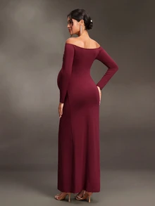 Cheriluna Maternity Maternity Solid Color Off-Shoulder Casual Party & Travel Dress - Burgundy - View 2